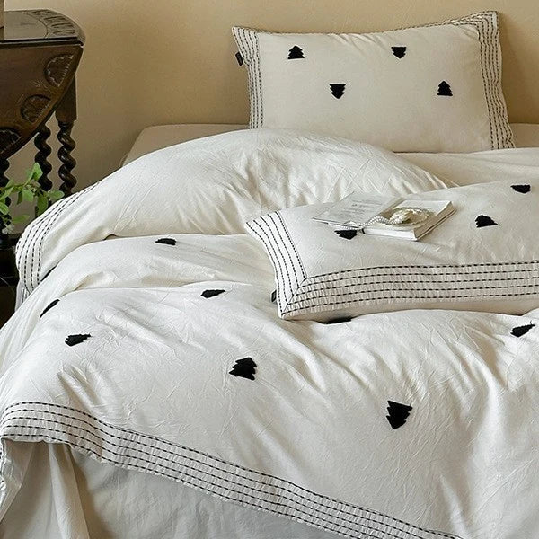 Duvet Cover Set Linen-Cotton Blend Embroidered & Striped Border