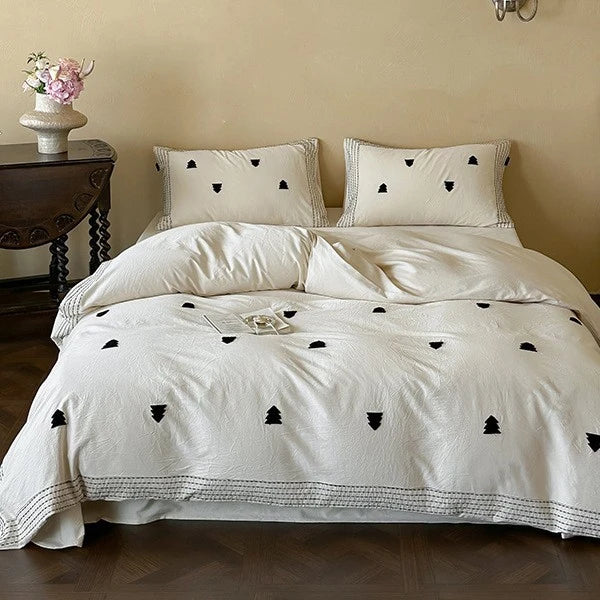 Duvet Cover Set Linen-Cotton Blend Embroidered & Striped Border