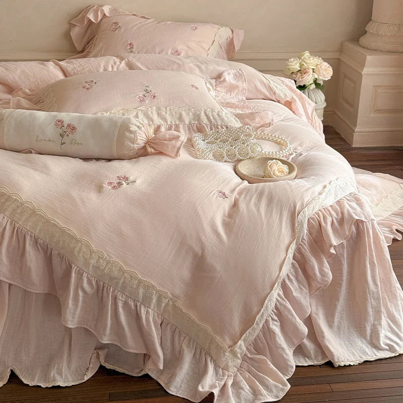 Duvet Cover Set Linen-Cotton Blend Ruffled Floral Embroidery 4-Piece
