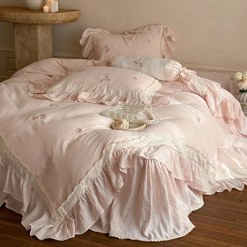 Duvet Cover Set Linen-Cotton Blend Ruffled Floral Embroidery 4-Piece