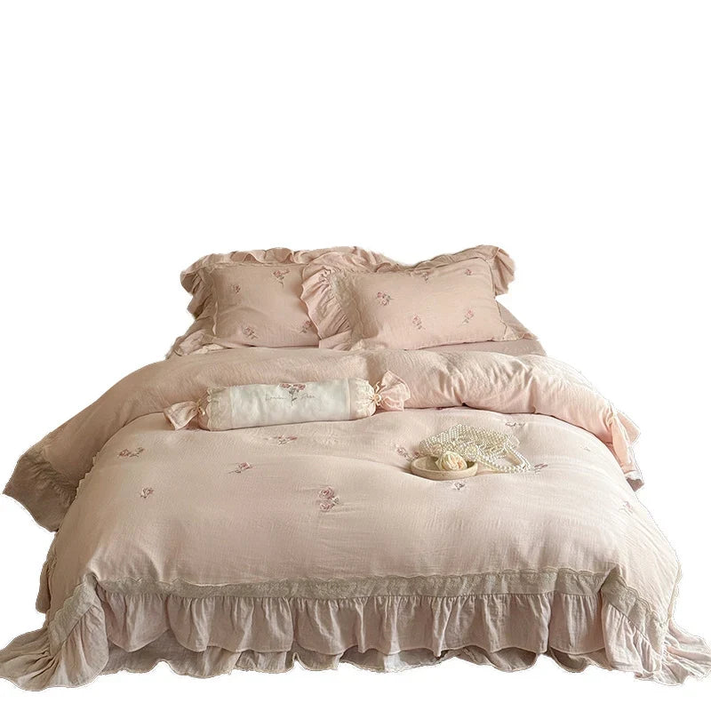 Duvet Cover Set Linen-Cotton Blend Ruffled Floral Embroidery 4-Piece