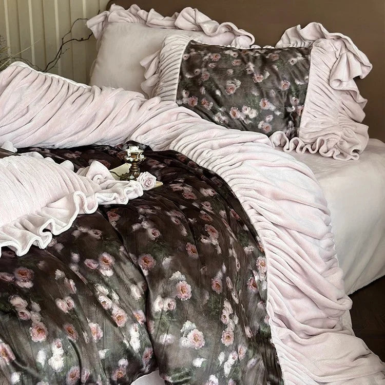 Duvet Cover Set Microfiber Velvet Ruffled Flounces 4-Piece