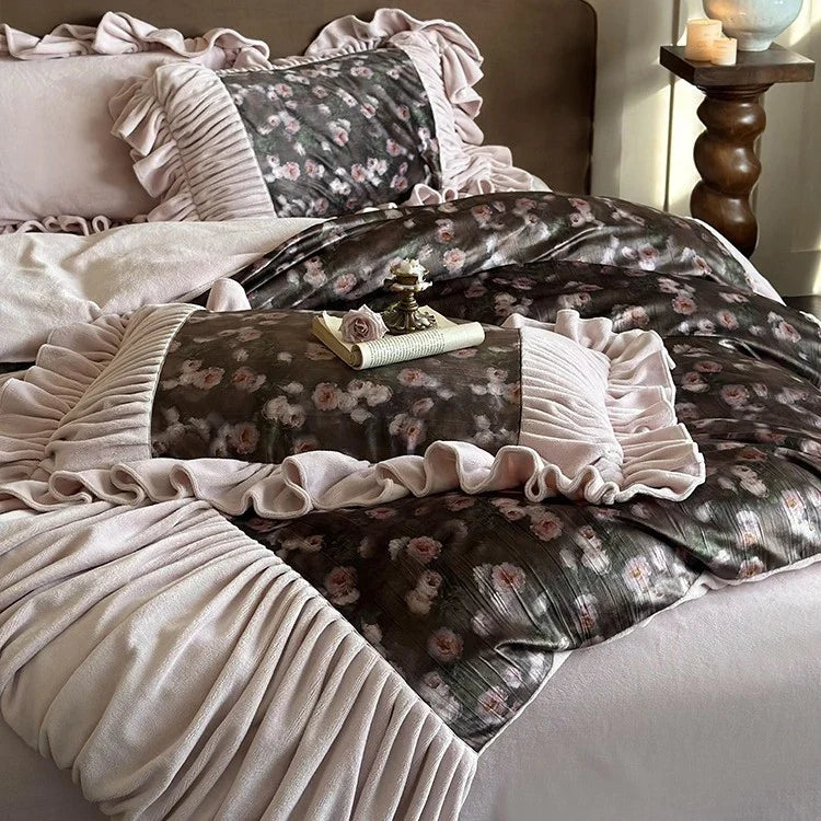 Duvet Cover Set Microfiber Velvet Ruffled Flounces 4-Piece