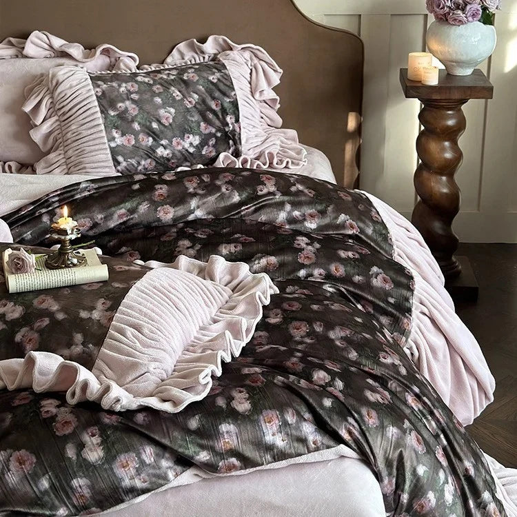 Duvet Cover Set Microfiber Velvet Ruffled Flounces 4-Piece