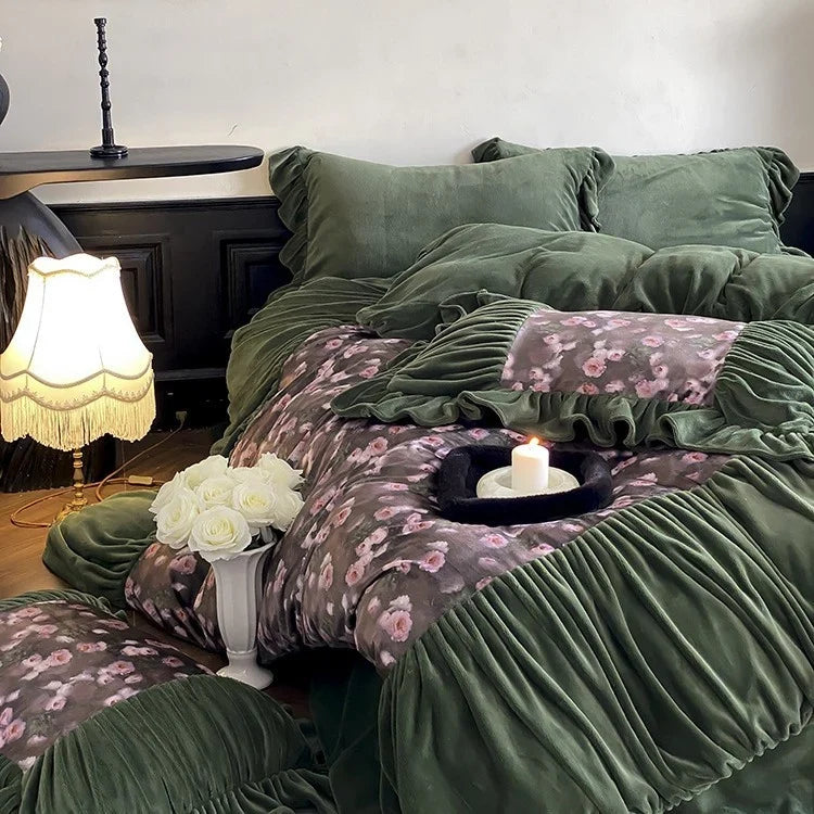 Duvet Cover Set Microfiber Velvet Ruffled Flounces 4-Piece
