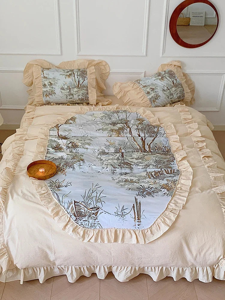 Duvet Cover Set Muslin-Look Cotton Blend Ruffled Edges