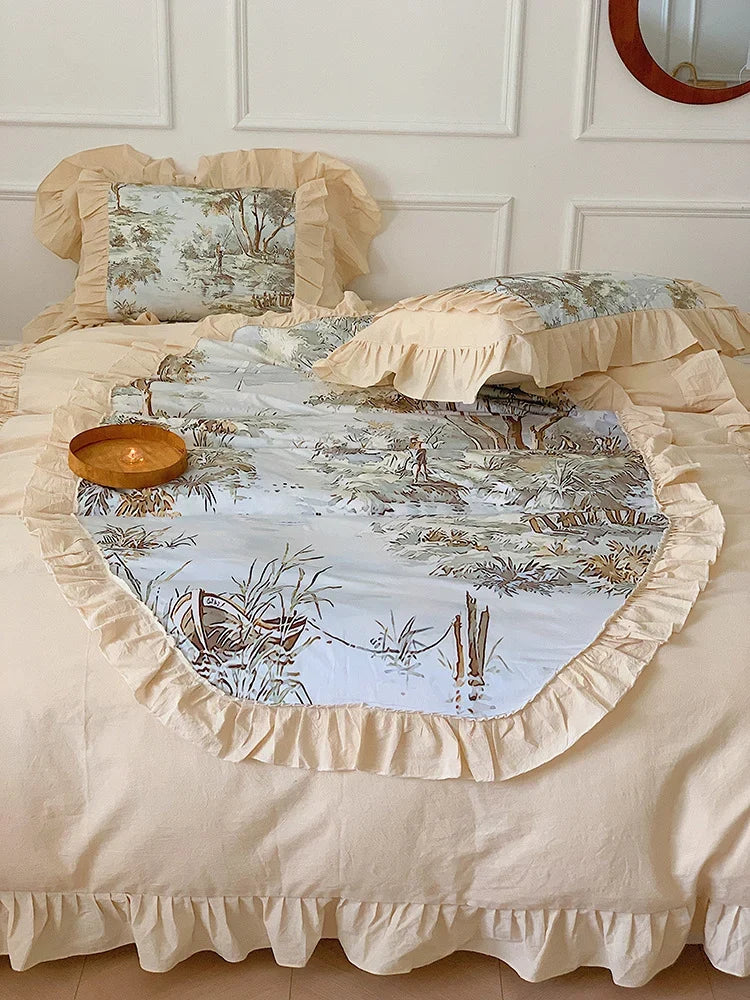 Duvet Cover Set Muslin-Look Cotton Blend Ruffled Edges