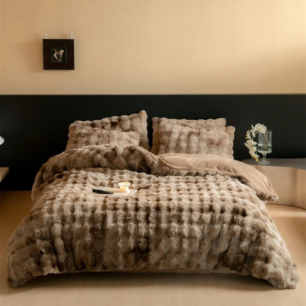 Duvet Cover Set Plush Faux Fur Reversible Microfiber With Pillow Shams
