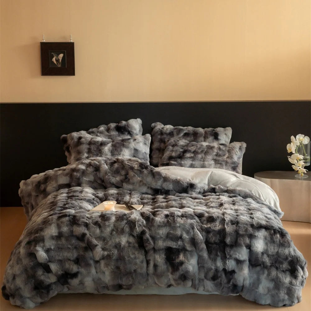 Duvet Cover Set Plush Faux Fur Reversible Microfiber With Pillow Shams