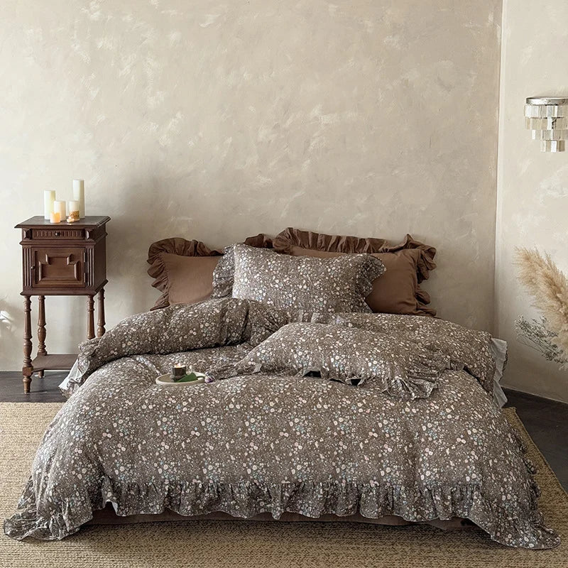 Duvet Cover Set Quilted Ruffle Floral 4-Piece