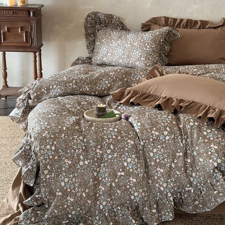 Duvet Cover Set Quilted Ruffle Floral 4-Piece