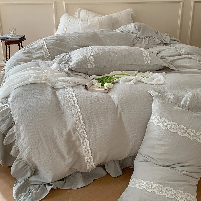 Duvet Cover Set Reversible Cotton-Linen Lace & Ruffle