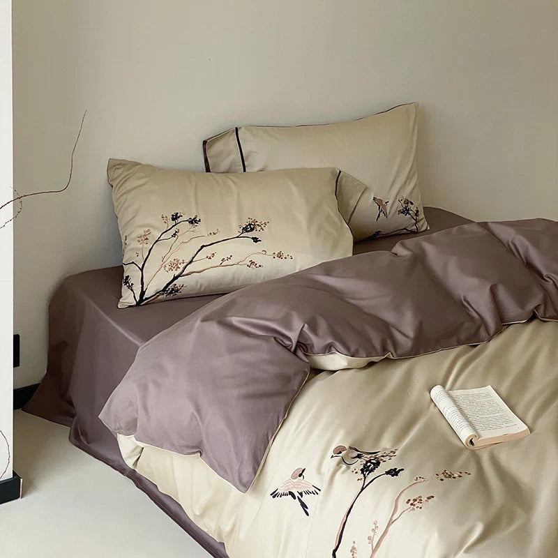 Duvet Cover Set Reversible Cotton Satin Bird Embroidery