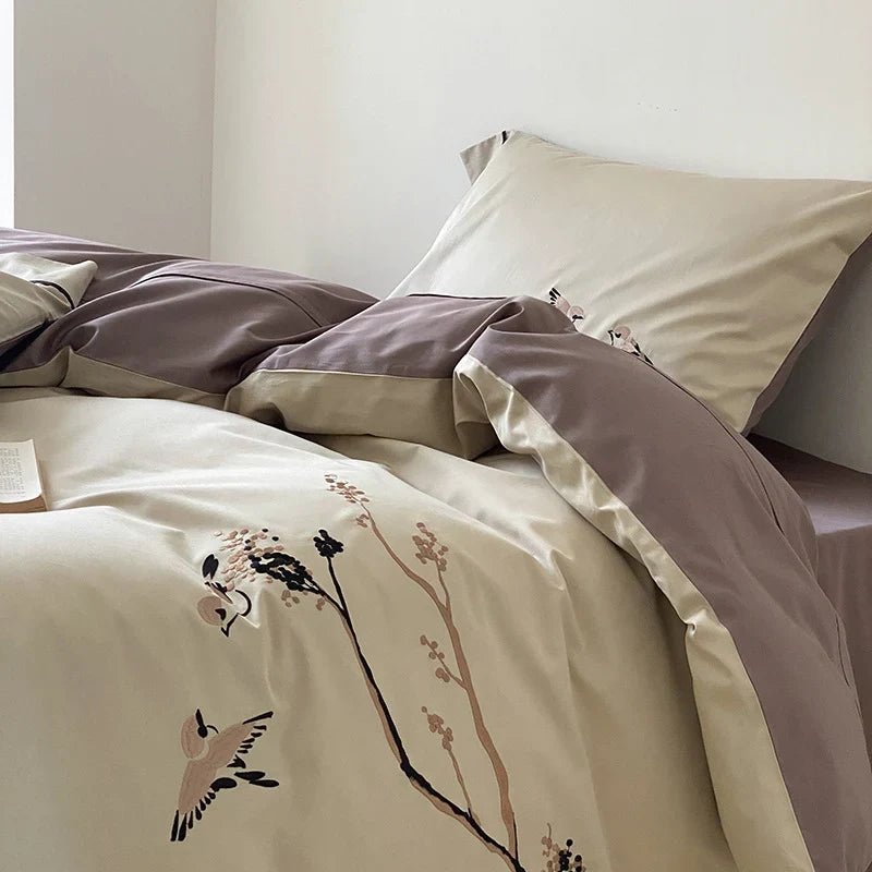 Duvet Cover Set Reversible Cotton Satin Bird Embroidery