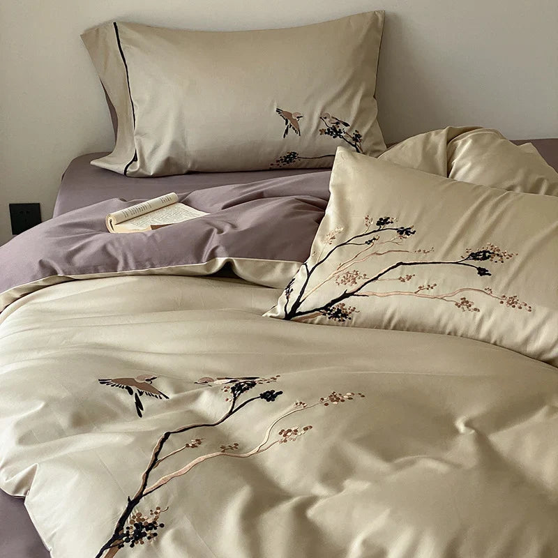 Duvet Cover Set Reversible Cotton Satin Bird Embroidery