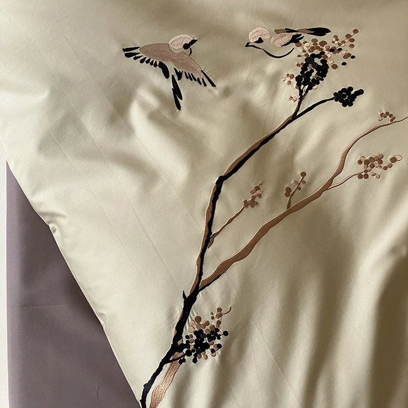 Duvet Cover Set Reversible Cotton Satin Bird Embroidery