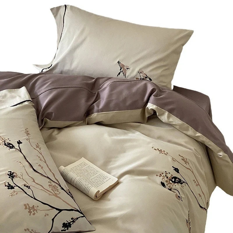 Duvet Cover Set Reversible Cotton Satin Bird Embroidery