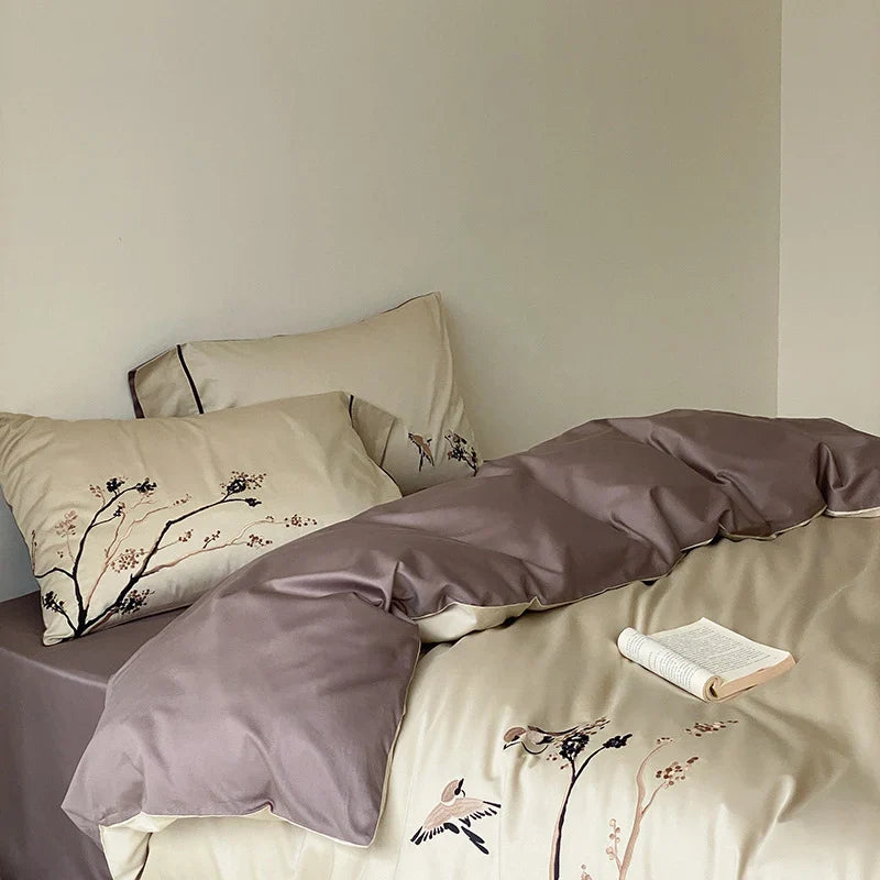 Duvet Cover Set Reversible Cotton Satin Bird Embroidery