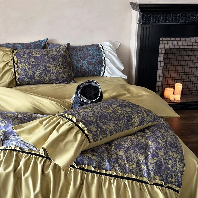 Duvet Cover Set Reversible Floral Jacquard & Velvet Piping