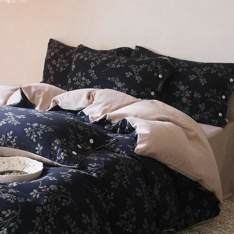 Duvet Cover Set Reversible Floral Linen-Cotton 4-Piece