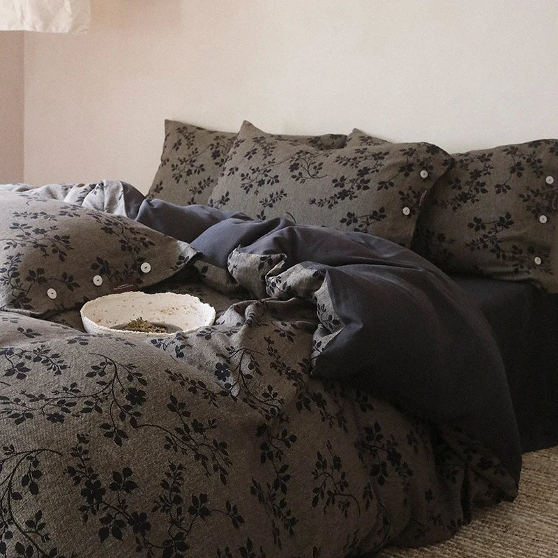 Duvet Cover Set Reversible Floral Linen-Cotton 4-Piece