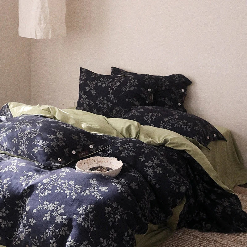 Duvet Cover Set Reversible Floral Linen-Cotton 4-Piece