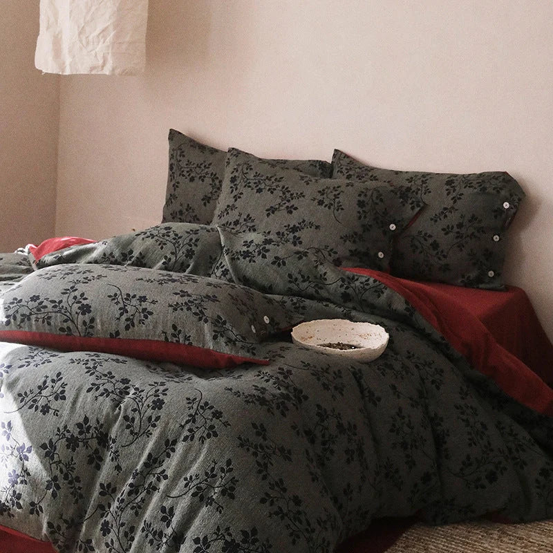 Duvet Cover Set Reversible Floral Linen-Cotton 4-Piece