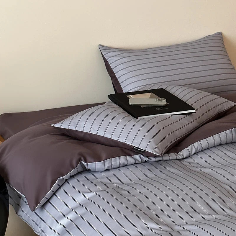 Duvet Cover Set Reversible Stripe Cotton Satin Machine Washable