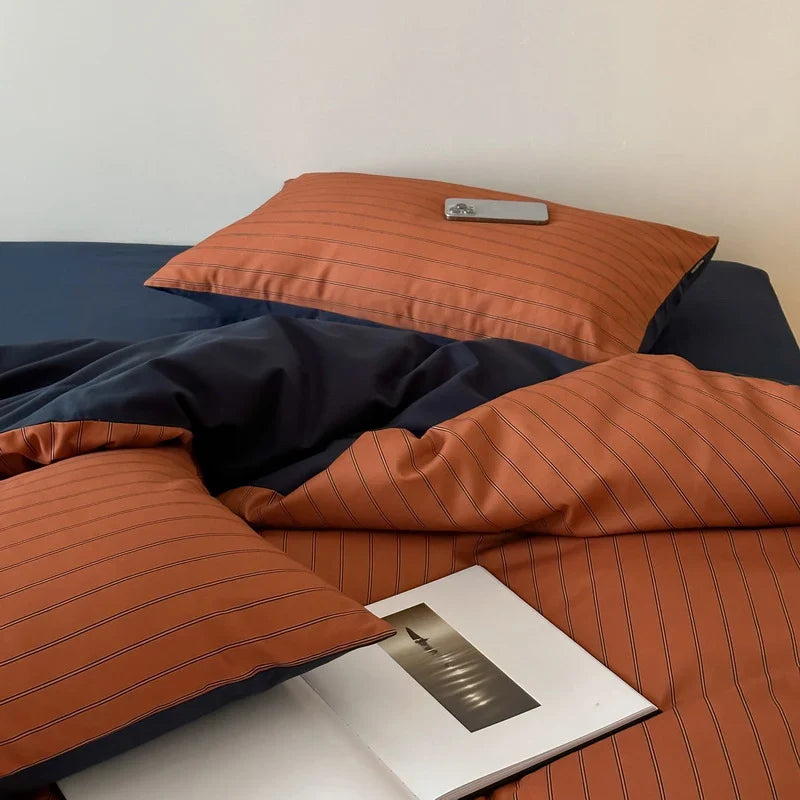 Duvet Cover Set Reversible Stripe Cotton Satin Machine Washable