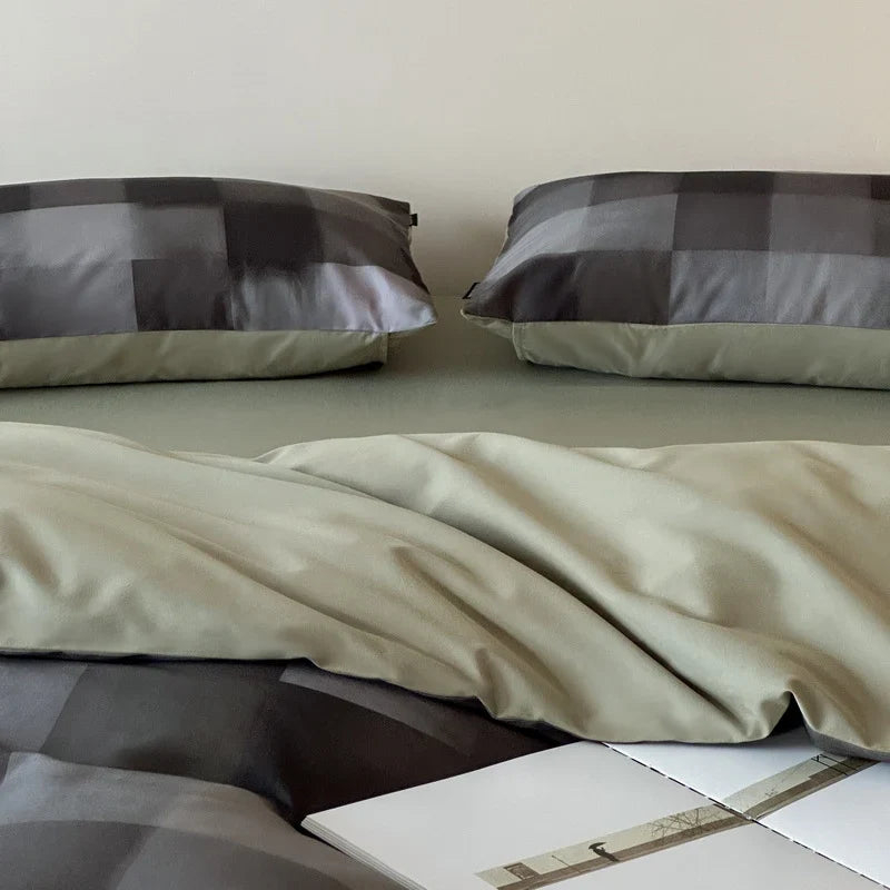 Duvet Cover Set Reversible Stripe Cotton Satin Machine Washable