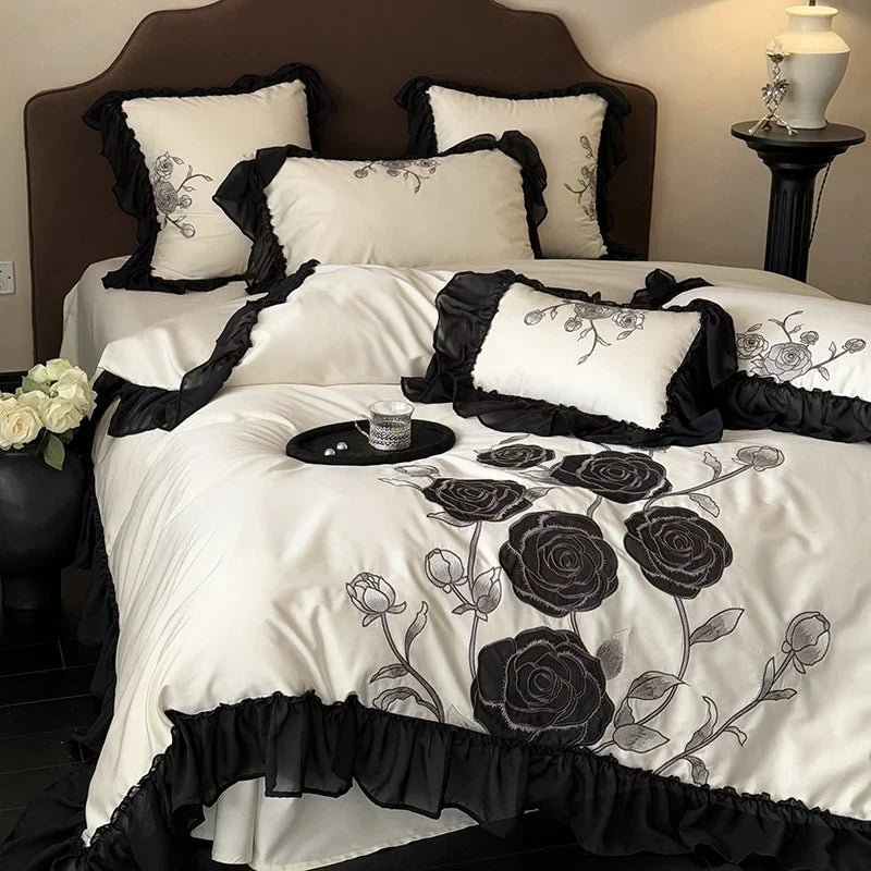 Duvet Cover Set Rose-Embroidered Satin Ruffle Trim