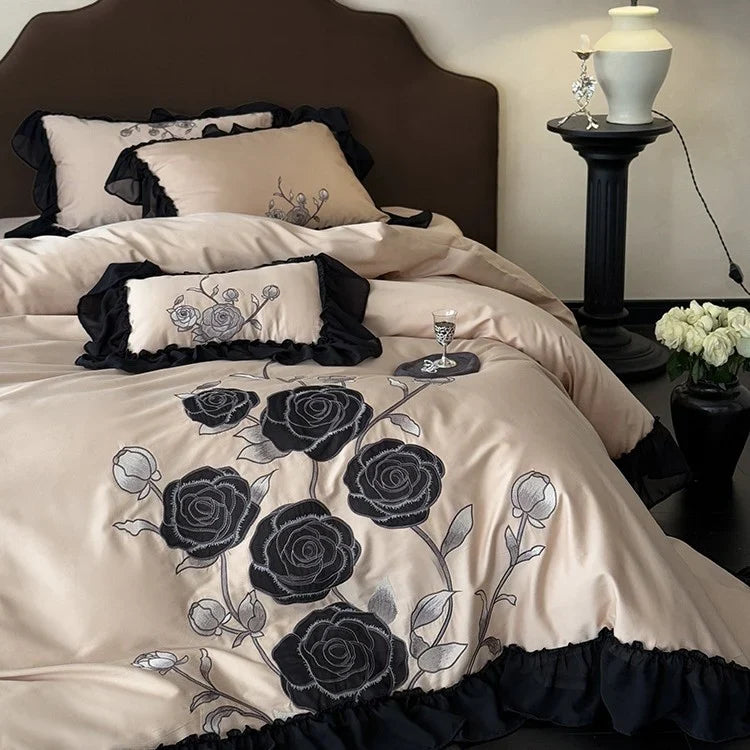 Duvet Cover Set Rose-Embroidered Satin Ruffle Trim