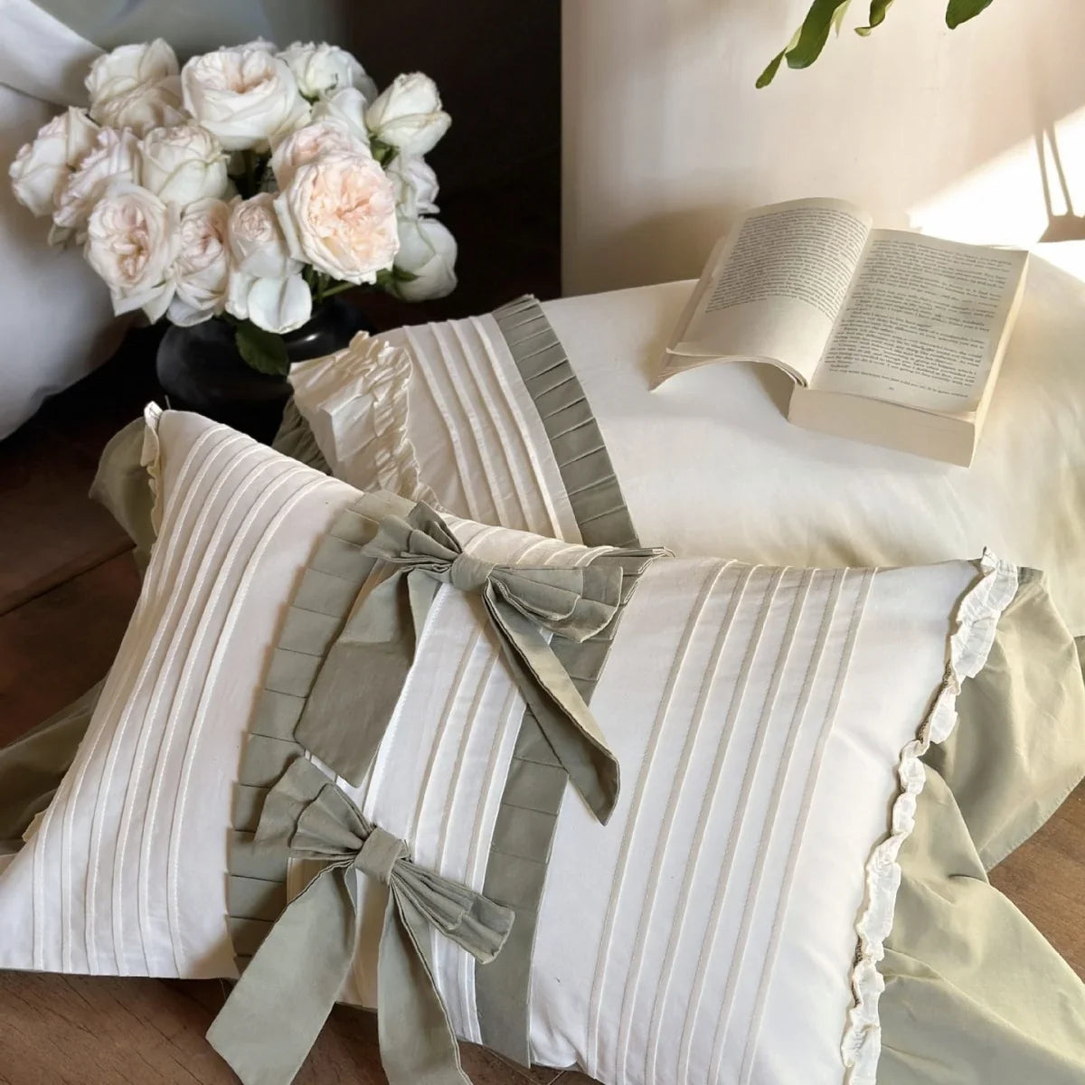 Duvet Cover Set Ruffle & Bow Trim Breathable Cotton