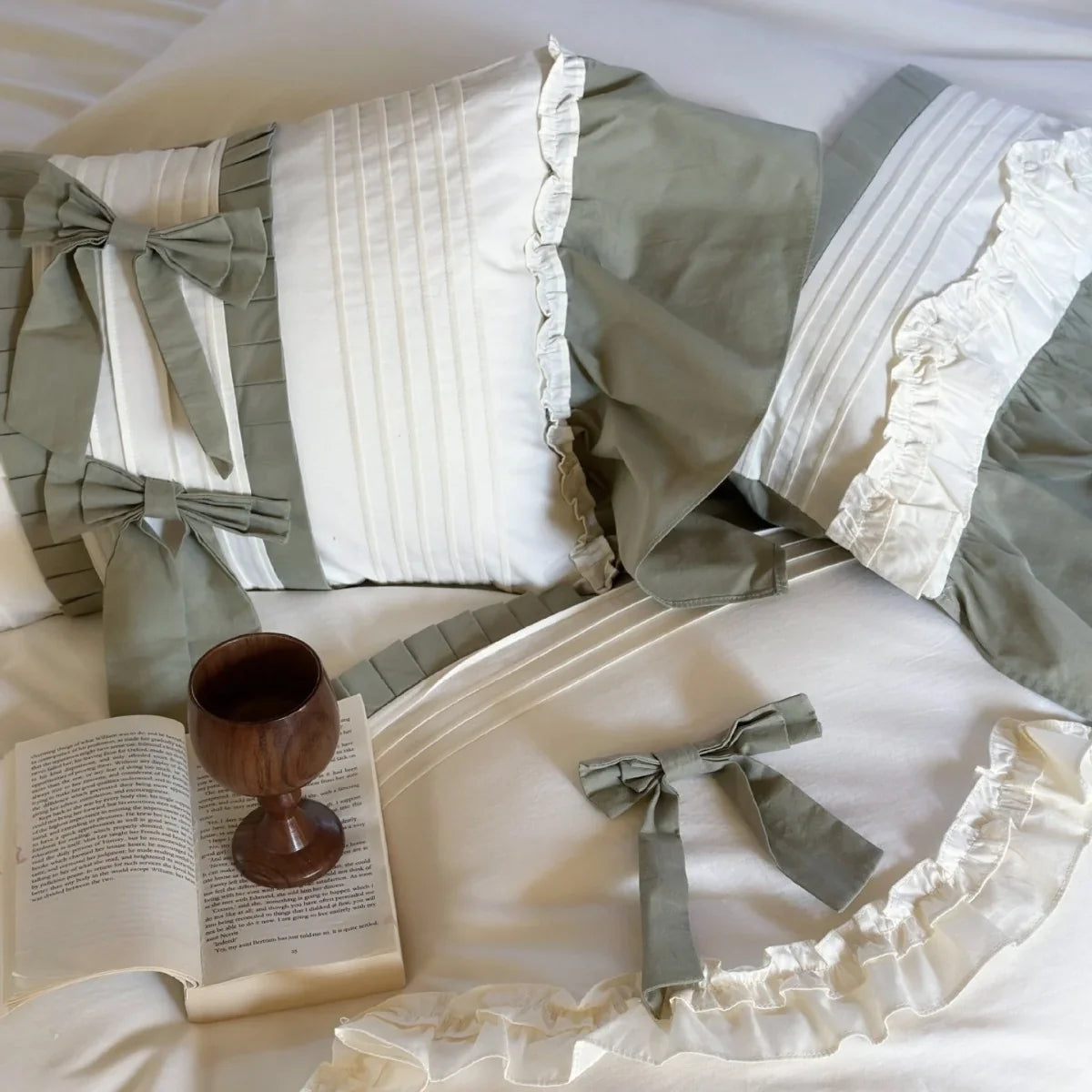 Duvet Cover Set Ruffle & Bow Trim Breathable Cotton