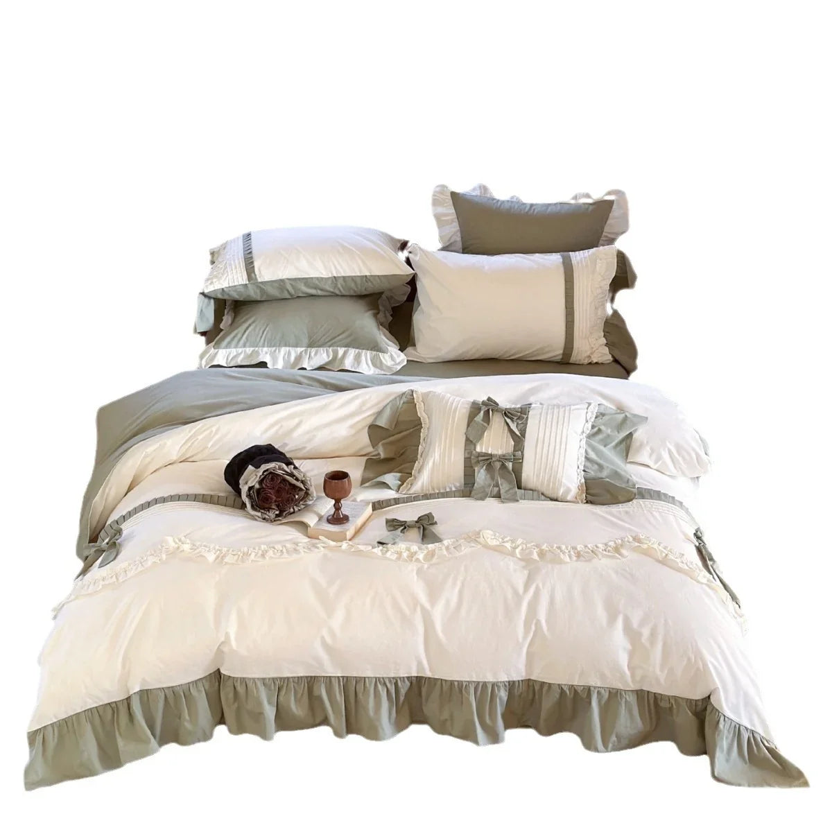 Duvet Cover Set Ruffle & Bow Trim Breathable Cotton