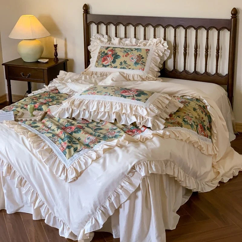 Duvet Cover Set Ruffled Floral Cotton Blend 4 Piece
