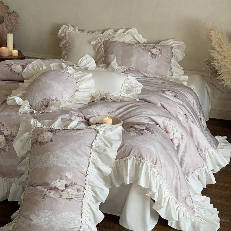 Duvet Cover Set Ruffled Lace Floral Cotton Blend