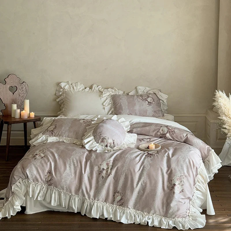 Duvet Cover Set Ruffled Lace Floral Cotton Blend
