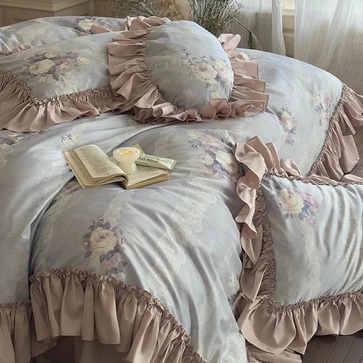 Duvet Cover Set Ruffled Lace Floral Cotton Blend
