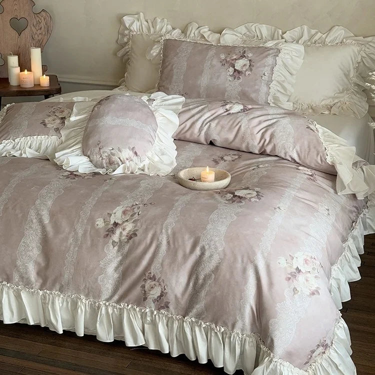 Duvet Cover Set Ruffled Lace Floral Cotton Blend