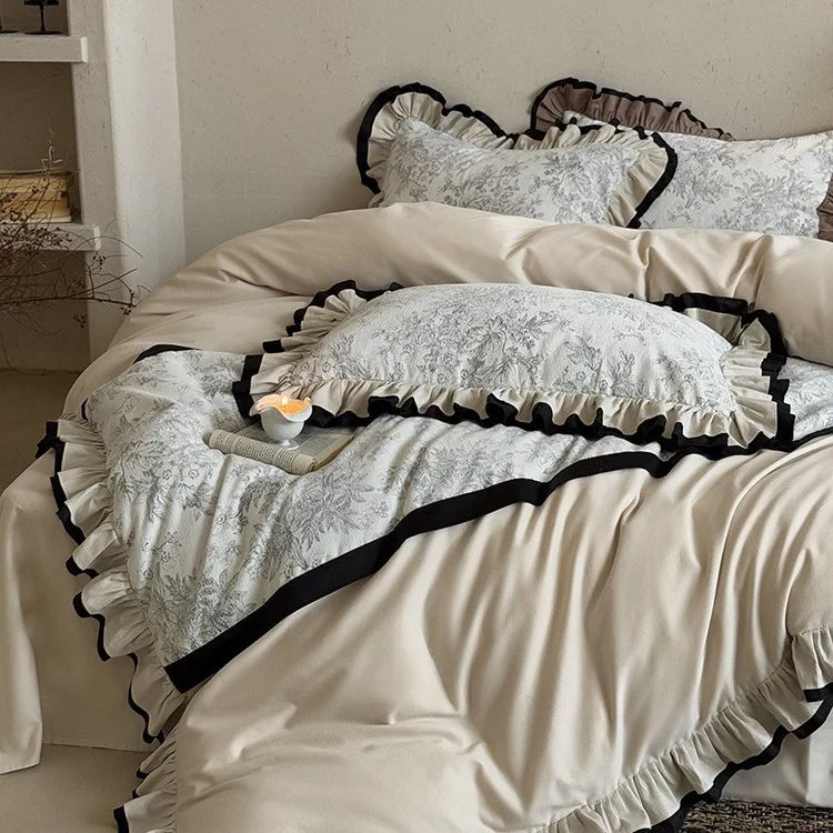 Duvet Cover Set Ruffled Vintage Toile 4 Piece