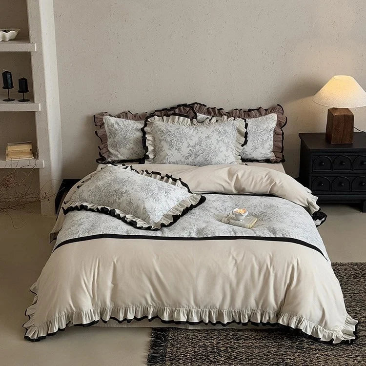Duvet Cover Set Ruffled Vintage Toile 4 Piece