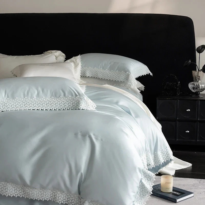 Duvet Cover Set Satin Crochet Lace Trim