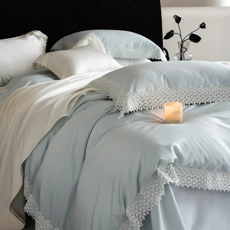 Duvet Cover Set Satin Crochet Lace Trim
