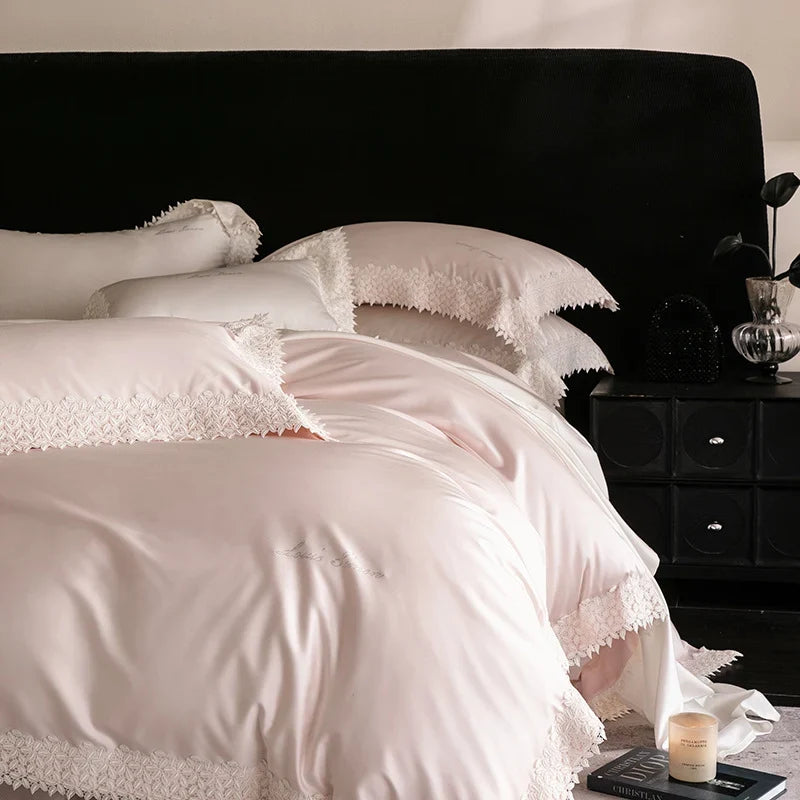 Duvet Cover Set Satin Crochet Lace Trim