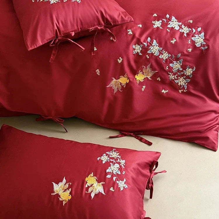 Duvet Cover Set Satin Embroidered Floral & Fish 4-Piece