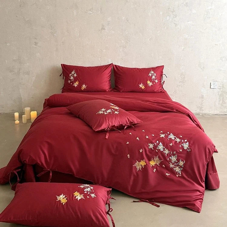 Duvet Cover Set Satin Embroidered Floral & Fish 4-Piece
