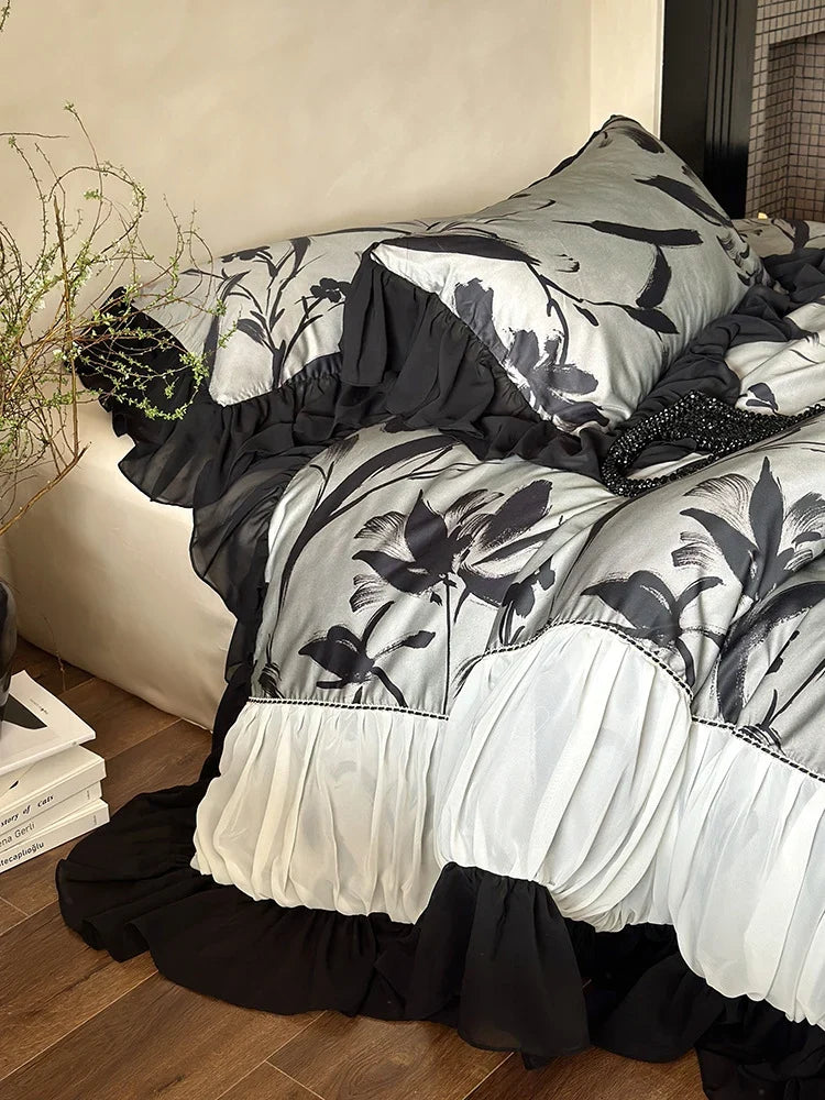 Duvet Cover Set Satin Finish Chiffon Ruffles 4-Piece