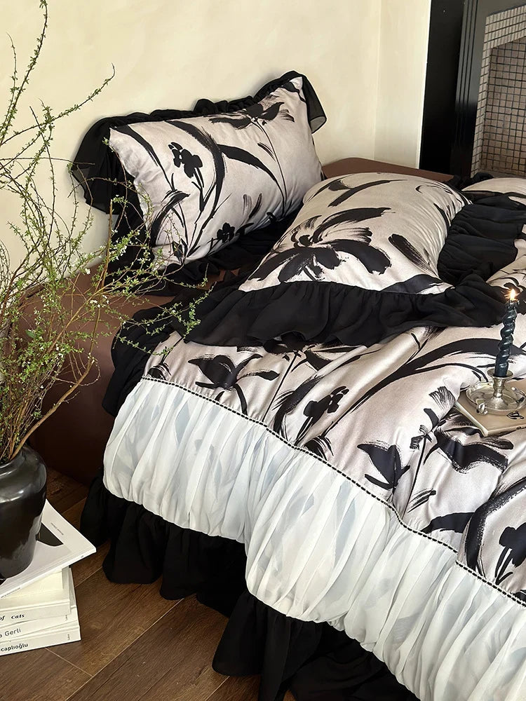 Duvet Cover Set Satin Finish Chiffon Ruffles 4-Piece