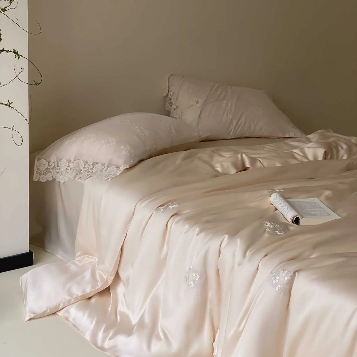 Duvet Cover Set Satin Floral Embroidery & Lace Trim